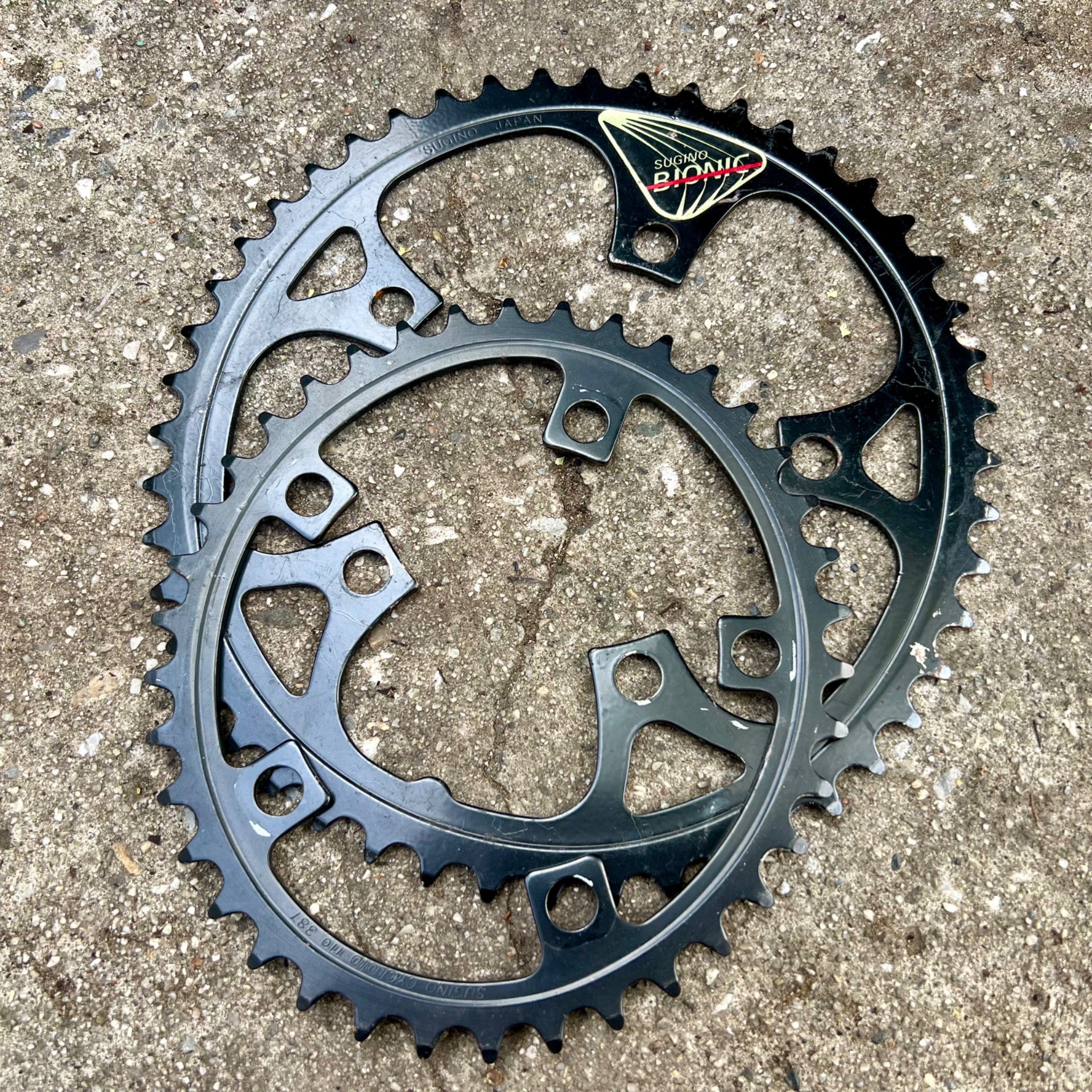 NOS* Sugino Bionic 38/48T 110 BCD Oval Chainring Set Steel Black Vintage MTB ATB