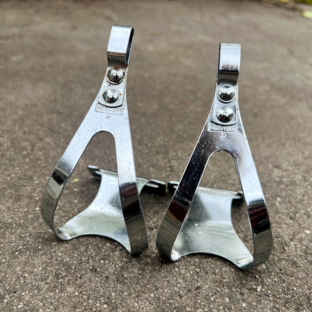 Used Christophe Toe Clips Size Small Vintage Retro Eroica Chrome Steel Road Touring-Bicycle Bin