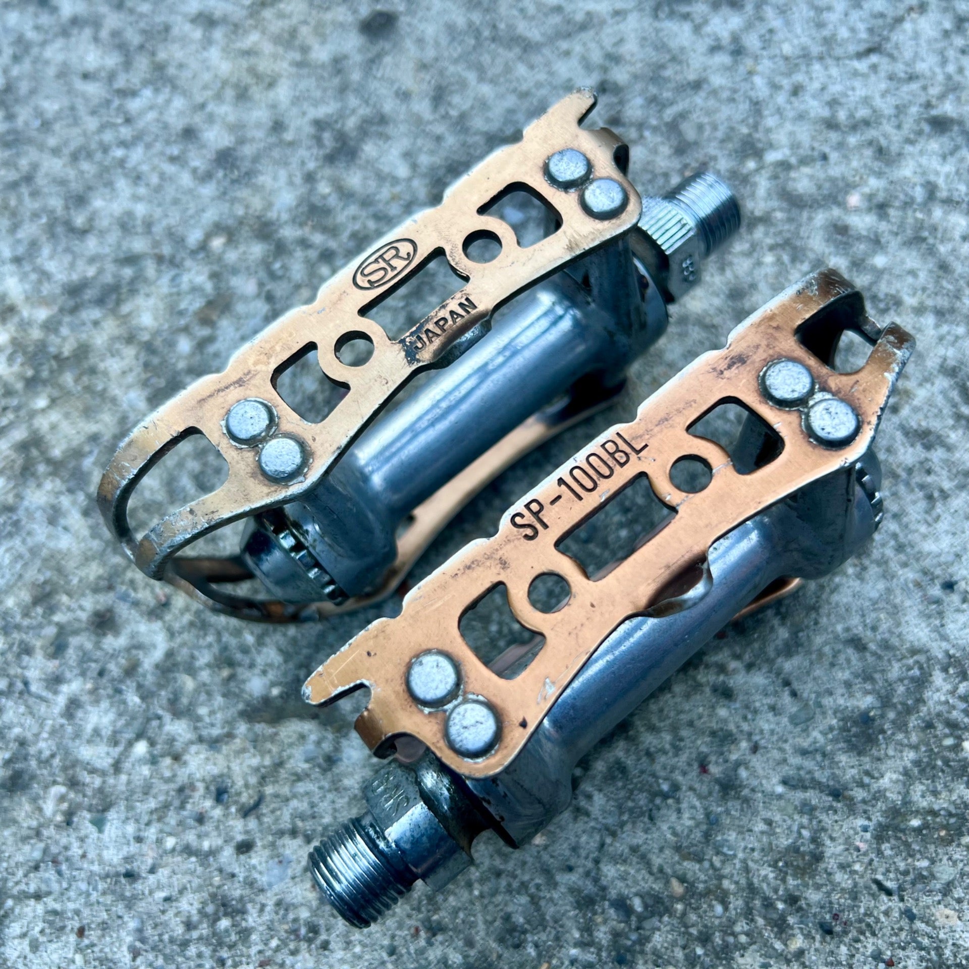 SR SP-100BL Platform Pedals Silver Brown Anodized Road Bike Touring Toe Clip  